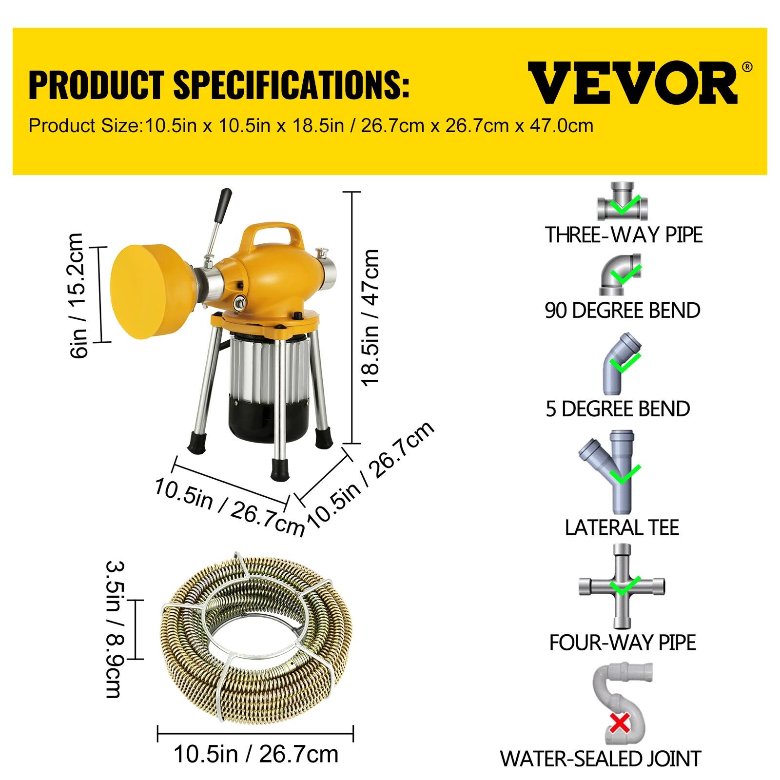 VEVOR Electric Drain Cleaner 66Ft x2/3Inch with 2Cables for 3/4" to 4" Pipes with Autofeed